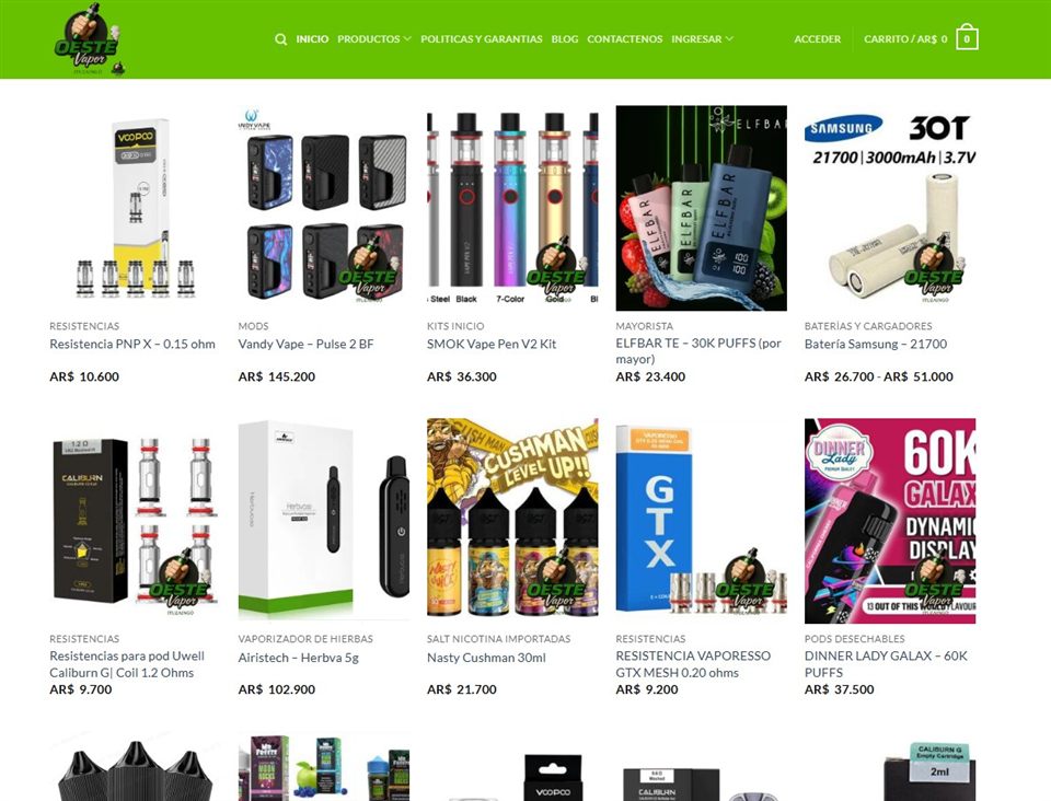 Captura de la tienda online Oeste Vapeadores