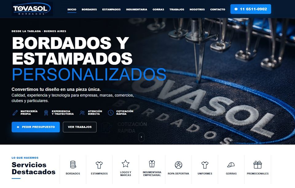 Captura del sitio web de Tovasol Bordados