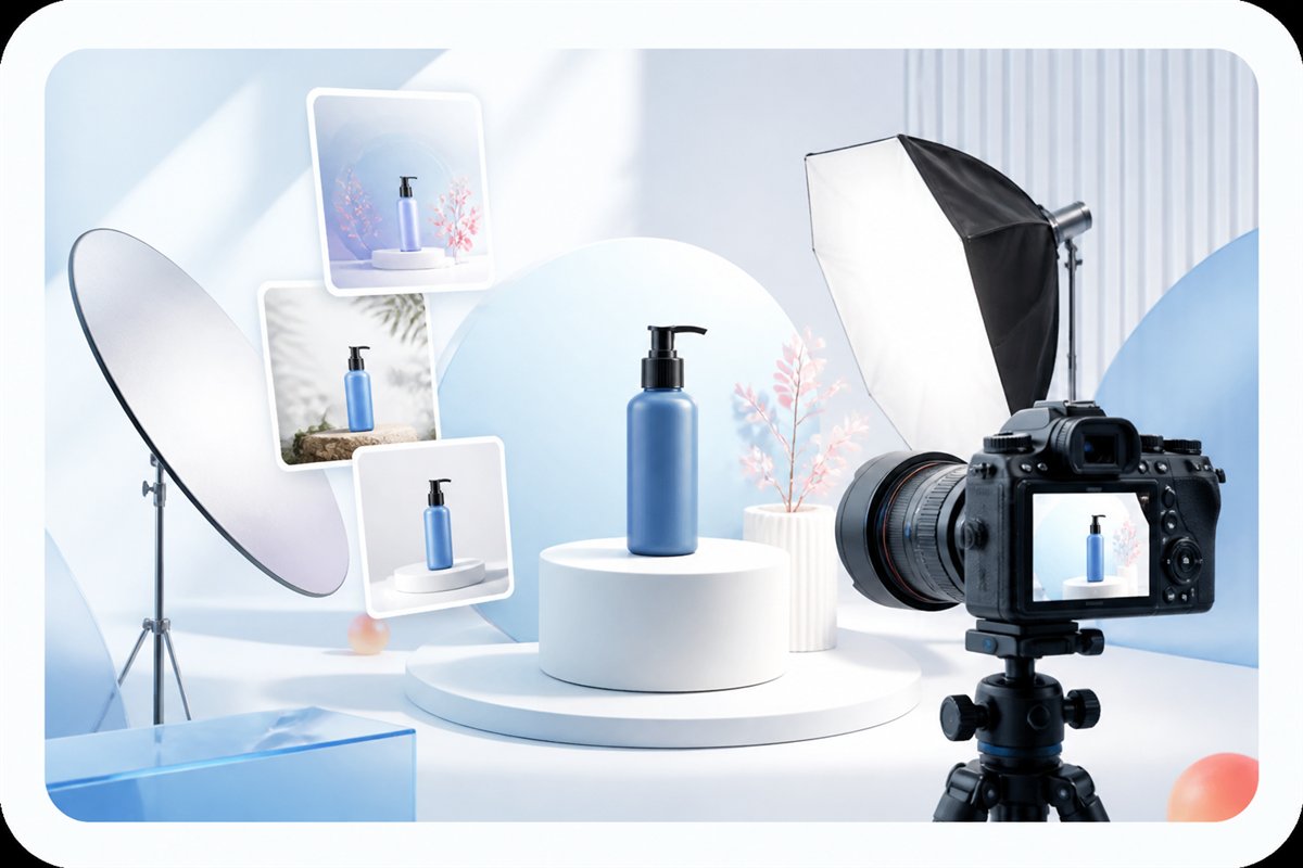 Ilustración de un estudio de fotografía comercial de productos