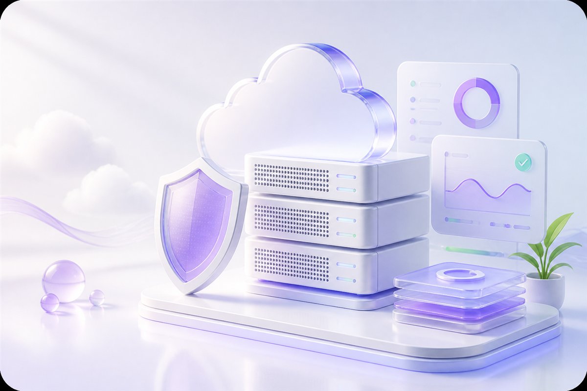 Ilustración de servidores, nube y protección para hosting web