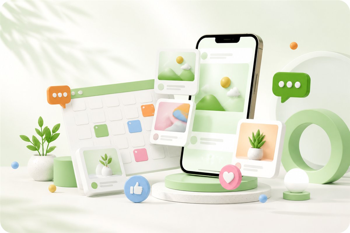 Ilustración de creación y gestión de contenido para redes sociales