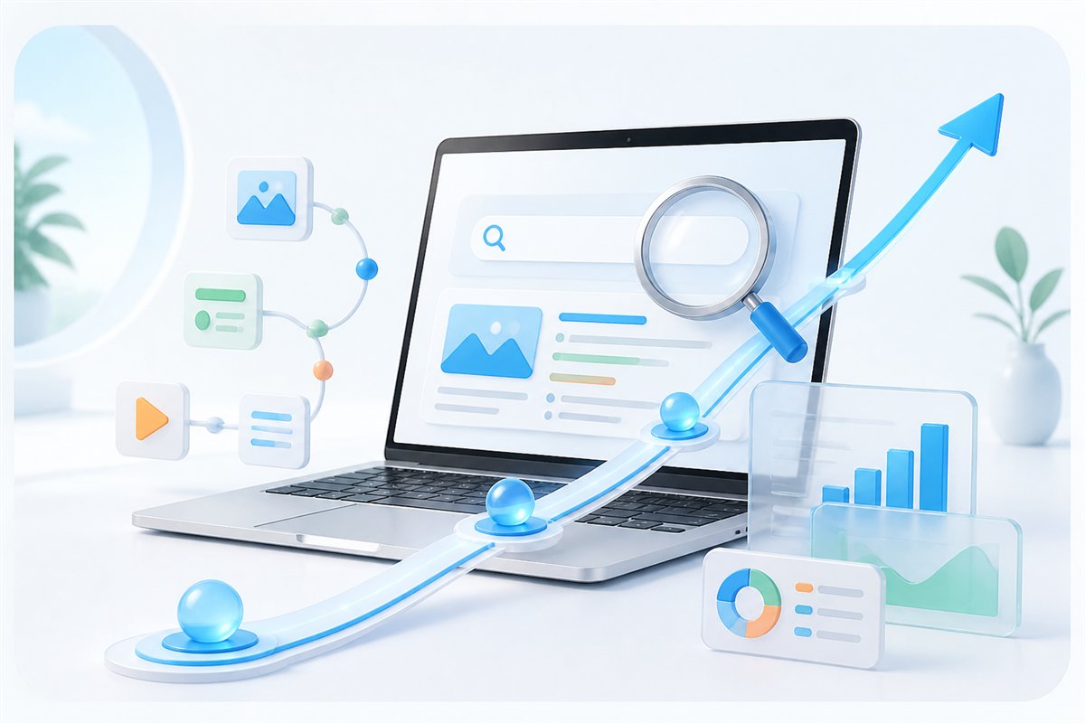 Ilustración de análisis SEO con buscador, métricas y crecimiento